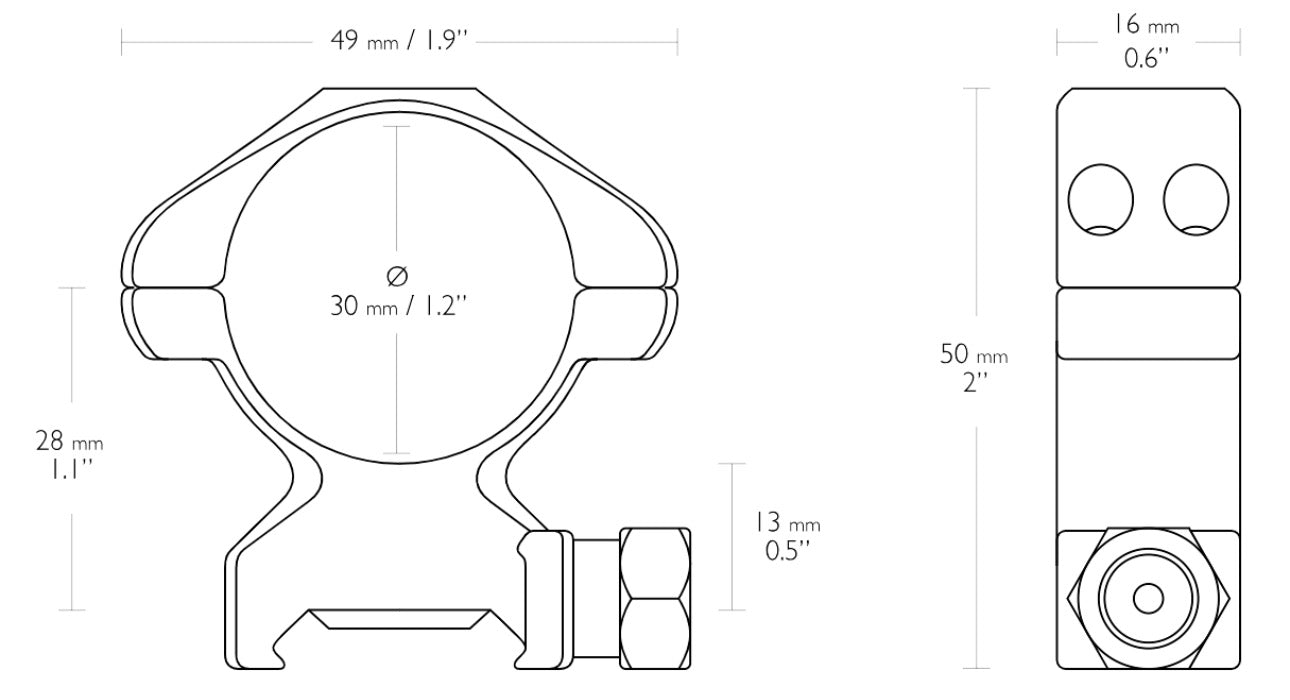 Hawke Precision Steel 30mm 2 Piece Weaver Scope Rings - Hex Nut